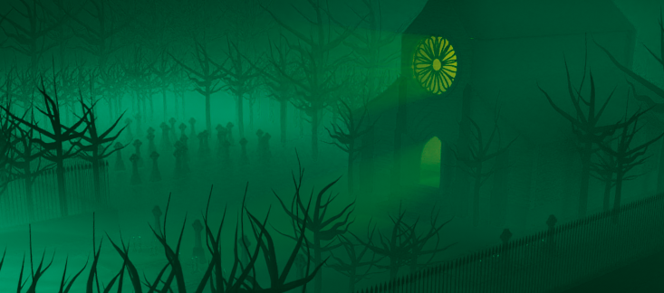 graveyard and church at night with fog. light is coming from inside the church.